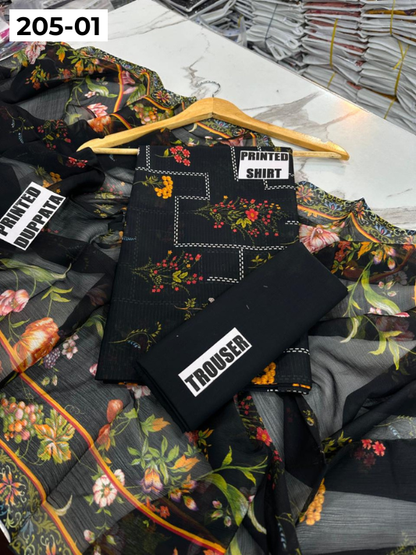 VOL 205 | DS 01 | DIGITAL PRINTED BANADORA LAWN SHIRT PLAIN TROUSER BAMBER CHIFFON DUPATTA