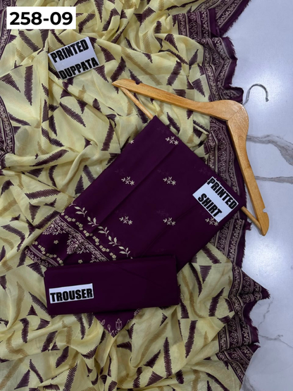 VOL 258 | DS 09 | GulBANO | DIGITAL PRINTED 3PC LAWN SHIRT, DYED TROUSER, PRINTED VOIL DUPATTA