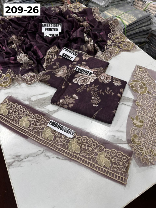 VOL 209 | DS 26 | LAWN 3PC PRINTED LAWN SHIRT ALONG WITH EMBROIDERED PATCHES PRINTED TROUSER EMBROIDERED DUPATTA