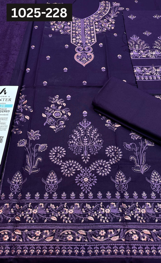 VOL 1025 | DS 228 | DHANAK DYED  EMBROIDERED 3PC DHANAK JACQUARD VELVET SHAWL