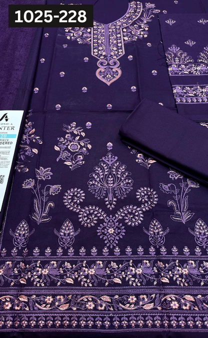 VOL 1025 | DS 228 | DHANAK DYED  EMBROIDERED 3PC DHANAK JACQUARD VELVET SHAWL