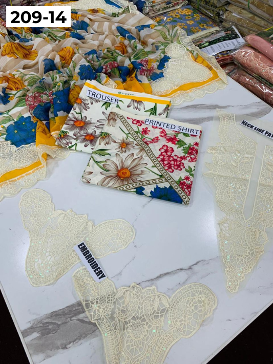 VOL 209 | DS 14 | LAWN 3PC PRINTED LAWN SHIRT ALONG WITH EMBROIDERED PATCHES PRINTED TROUSER EMBROIDERED DUPATTA