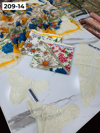VOL 209 | DS 14 | LAWN 3PC PRINTED LAWN SHIRT ALONG WITH EMBROIDERED PATCHES PRINTED TROUSER EMBROIDERED DUPATTA