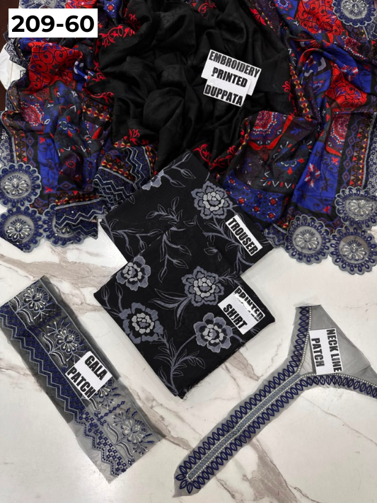 VOL 209 | DS 60 | LAWN 3PC PRINTED LAWN SHIRT ALONG WITH EMBROIDERED PATCHES PRINTED TROUSER EMBROIDERED DUPATTA