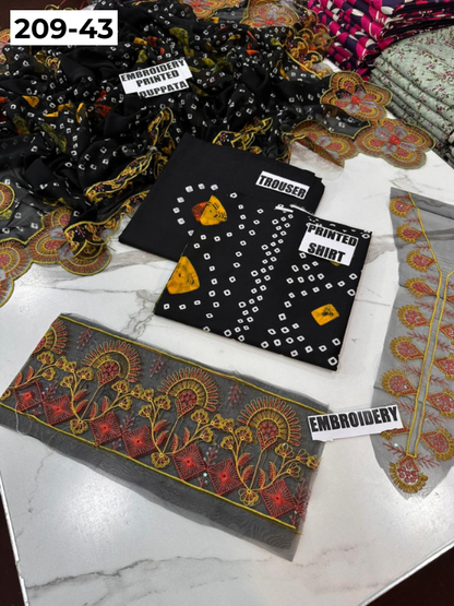 VOL 209 | DS 43 | LAWN 3PC PRINTED LAWN SHIRT ALONG WITH EMBROIDERED PATCHES PRINTED TROUSER EMBROIDERED DUPATTA