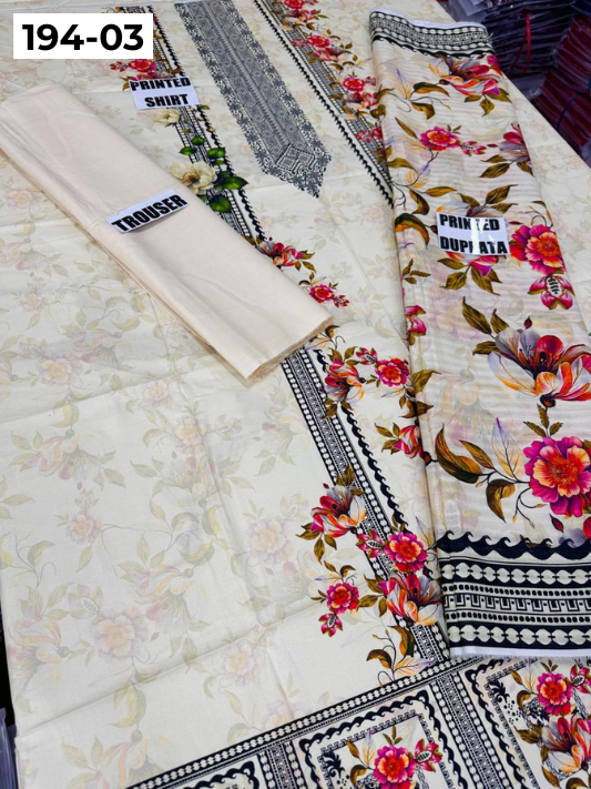 VOL 194 | DS 03 | Digital Printed Cotton Three Piece Doria Lawn Dupatta Plain Trouser