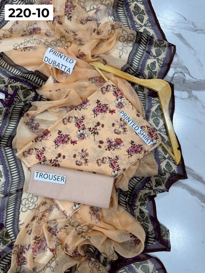 VOL 220 | DS 10 | BAROQUE LAWN 3PC | DIGITAL PRINTED BANADORA LAWN SHIRT PLAIN TROUSER BAMBER CHIFFON DUPATTA