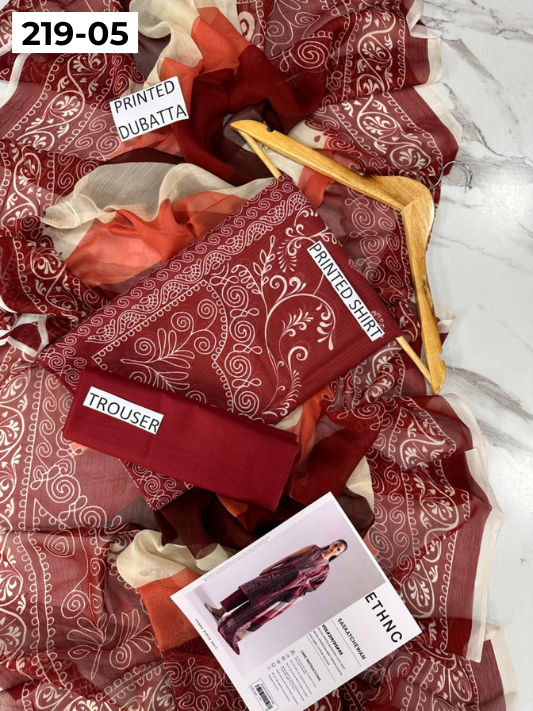 VOL 219 | DS 05 | ETHNC LAWN 3PC | DIGITAL PRINTED BANADORA LAWN SHIRT PLAIN TROUSER BAMBER CHIFFON DUPATTA