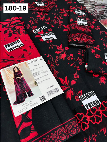 VOL 180 | DS 19 | DIGITAL PRINTED KHADDAR 3PC | EMBROIDERED PATCHES | KHADDAR DUPATTA
