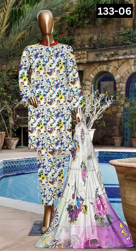 VOL 133 | DS 06 | DIGITAL PRINTED BANADORA LAWN 3PC BAMBER CHIFFON DUPATTA
