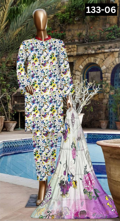 VOL 133 | DS 06 | DIGITAL PRINTED BANADORA LAWN 3PC BAMBER CHIFFON DUPATTA