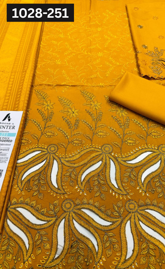 VOL 1028 | DS 251 | DHANAK DYED  EMBROIDERED 3PC DHANAK JACQUARD VELVET SHAWL