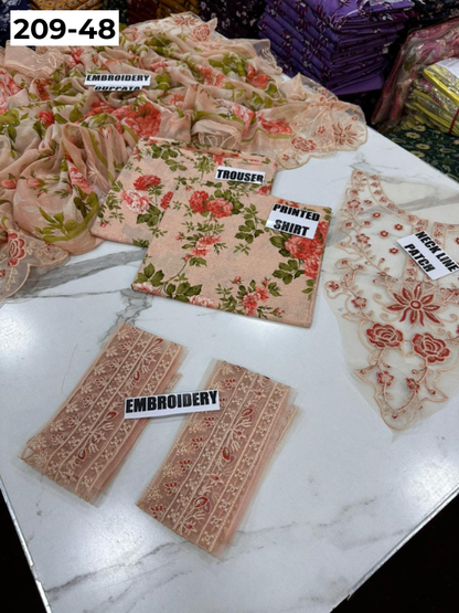 VOL 209 | DS 48 | LAWN 3PC PRINTED LAWN SHIRT ALONG WITH EMBROIDERED PATCHES PRINTED TROUSER EMBROIDERED DUPATTA