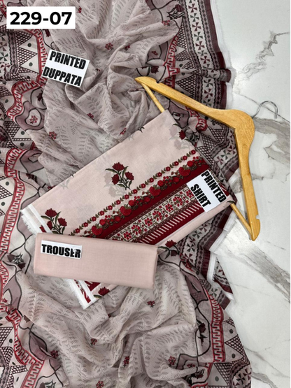 VOL 229 | DS 07 | DIGITAL PRINTED LAWN 3PC PRINTED LAWN SHIRT PLAIN TROUSER PRINTED VOIL DUPATTA