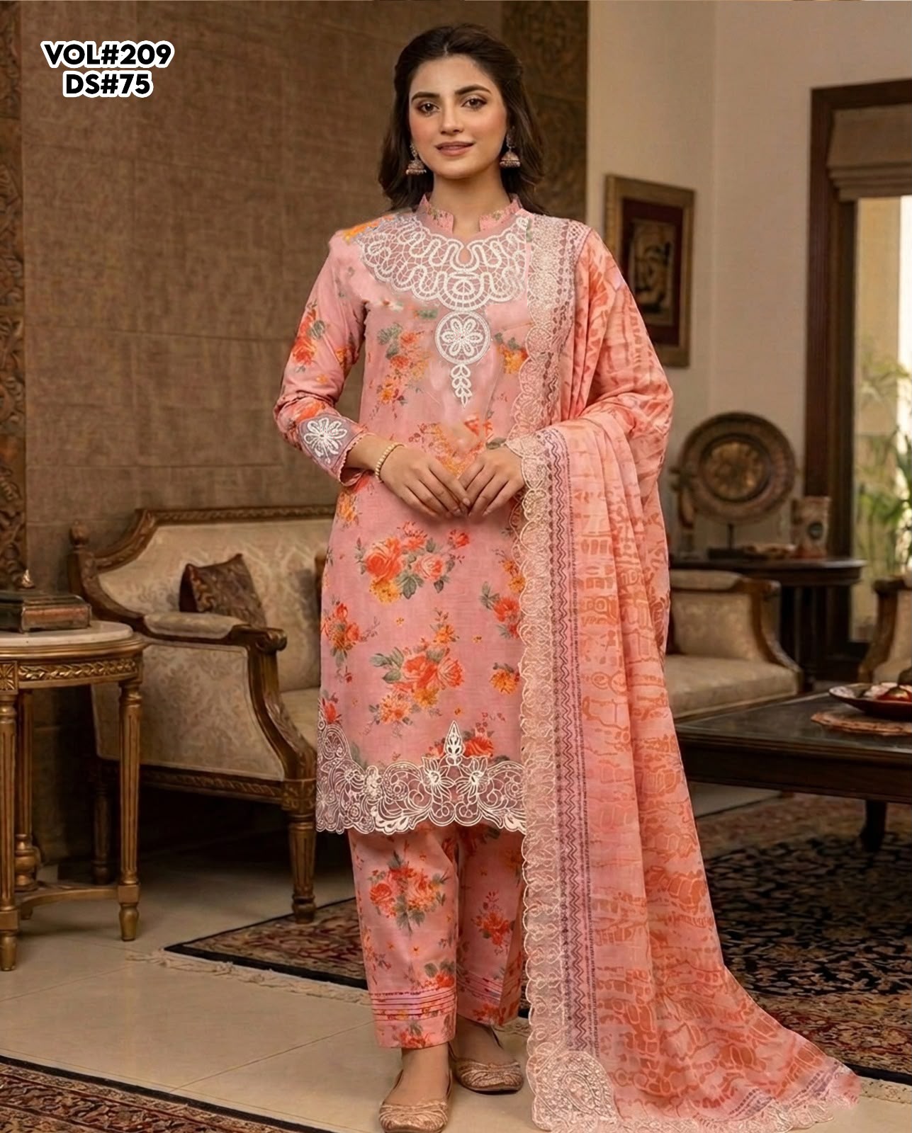 VOL 209 | DS 75 | LAWN 3PC PRINTED LAWN SHIRT ALONG WITH EMBROIDERED PATCHES PRINTED TROUSER EMBROIDERED DUPATTA