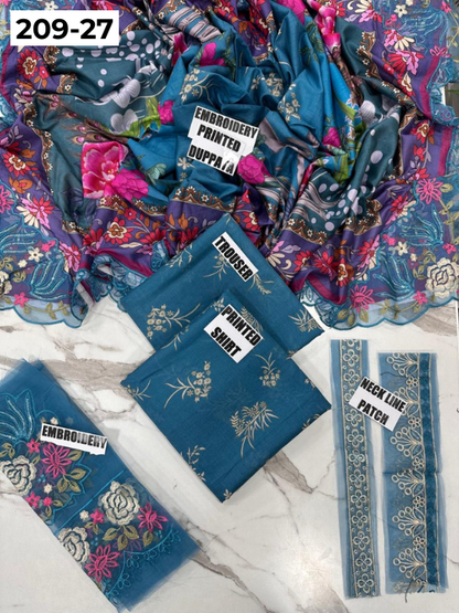VOL 209 | DS 27 | LAWN 3PC PRINTED LAWN SHIRT ALONG WITH EMBROIDERED PATCHES PRINTED TROUSER EMBROIDERED DUPATTA