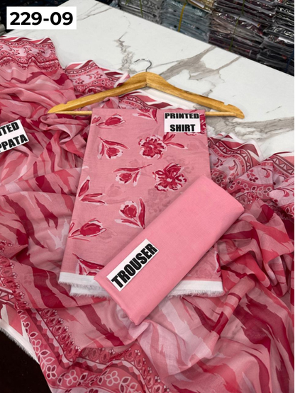 VOL 229 | DS 09 | DIGITAL PRINTED LAWN 3PC PRINTED LAWN SHIRT PLAIN TROUSER PRINTED VOIL DUPATTA