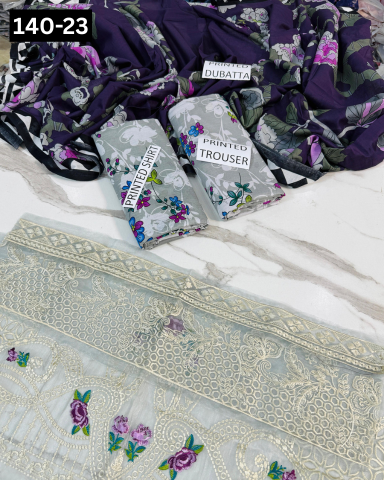 VOL 140 | DS 23 | DIGITAL PRINTED BANADORA LAWN 3PC | VOIL LAWN DUPATTA | EMBROIDERED ORAGANZA PATCHES