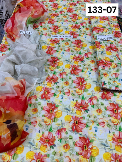 VOL 133 | DS 07 | DIGITAL PRINTED BANADORA LAWN 3PC BAMBER CHIFFON DUPATTA