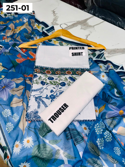 VOL 251 | DS 01 | Khaas | DIGITAL PRINTED 3PC LAWN SHIRT, DYED TROUSER, PRINTED VOIL DUPATTA
