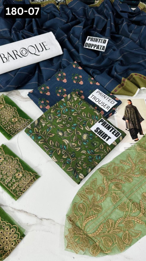 VOL 180 | DS 07 | DIGITAL PRINTED KHADDAR 3PC | EMBROIDERED PATCHES | KHADDAR DUPATTA