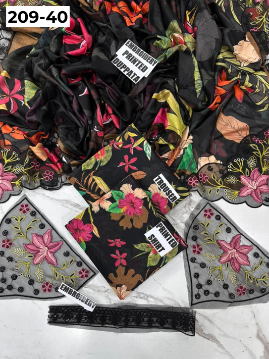 VOL 209 | DS 40 | LAWN 3PC PRINTED LAWN SHIRT ALONG WITH EMBROIDERED PATCHES PRINTED TROUSER EMBROIDERED DUPATTA