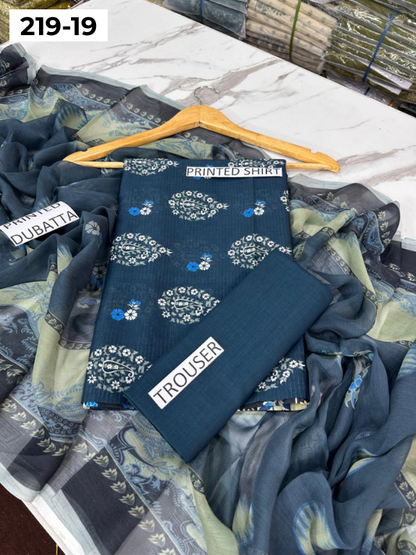 VOL 219 | DS 19 | ETHNC LAWN 3PC | DIGITAL PRINTED BANADORA LAWN SHIRT PLAIN TROUSER BAMBER CHIFFON DUPATTA