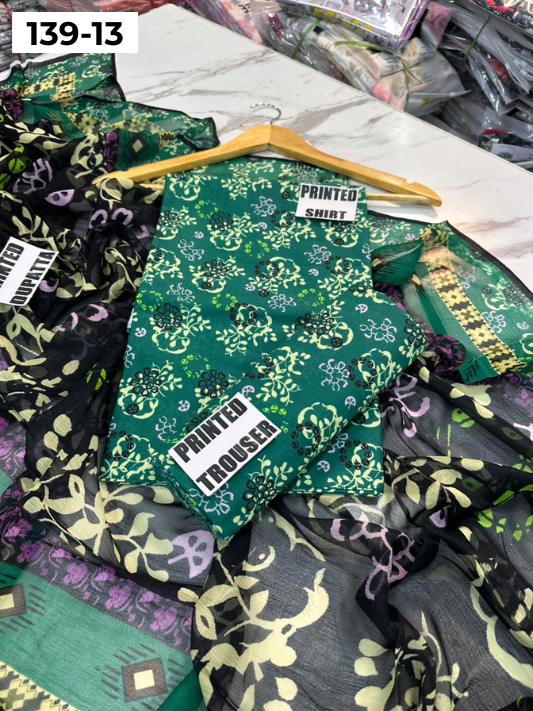 VOL 139 | DS 13 | DIGITAL PRINTED LAWN 3PC BAMBER CHIFFON DUPATTA