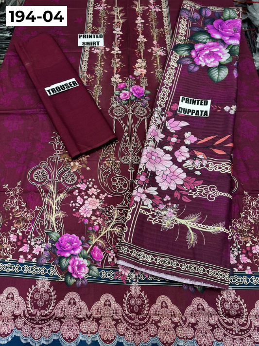 VOL 194 | DS 04 | Digital Printed Cotton Three Piece Doria Lawn Dupatta Plain Trouser