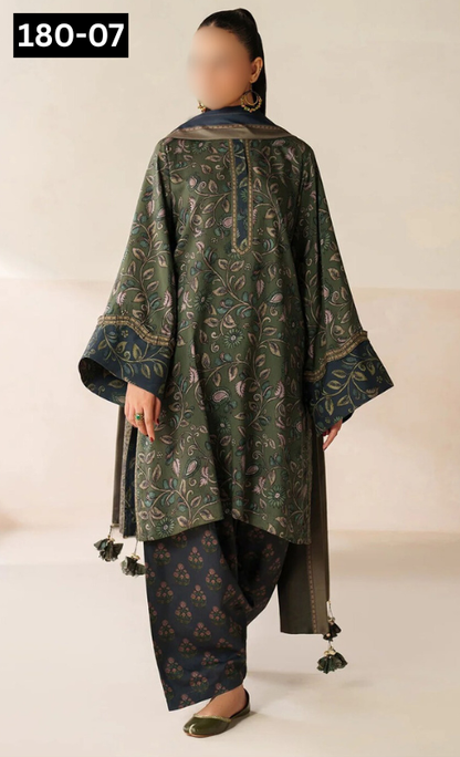 VOL 180 | DS 07 | DIGITAL PRINTED KHADDAR 3PC | EMBROIDERED PATCHES | KHADDAR DUPATTA