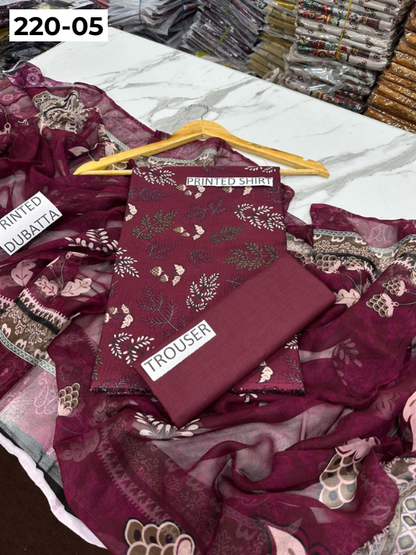 VOL 220 | DS 05 | BAROQUE LAWN 3PC | DIGITAL PRINTED BANADORA LAWN SHIRT PLAIN TROUSER BAMBER CHIFFON DUPATTA