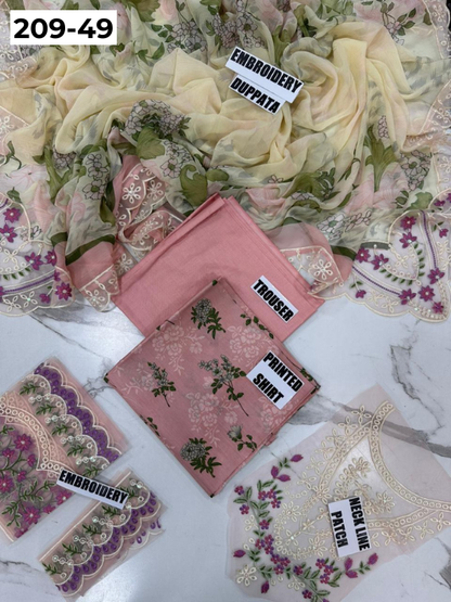 VOL 209 | DS 49 | LAWN 3PC PRINTED LAWN SHIRT ALONG WITH EMBROIDERED PATCHES PRINTED TROUSER EMBROIDERED DUPATTA
