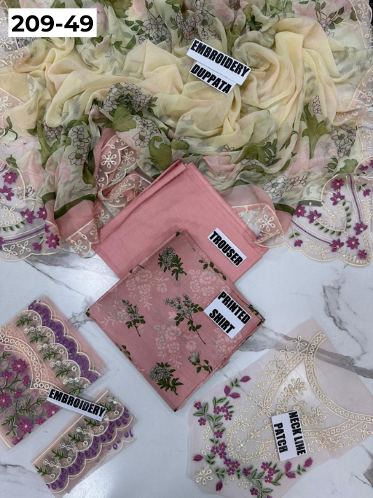 VOL 209 | DS 49 | LAWN 3PC PRINTED LAWN SHIRT ALONG WITH EMBROIDERED PATCHES PRINTED TROUSER EMBROIDERED DUPATTA