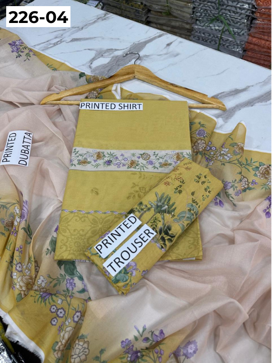 VOL 226 | DS 04 | DIGITAL PRINTED LAWN 3PC PRINTED LAWN SHIRT PLAIN TROUSER PRINTED VOIL DUPATTA