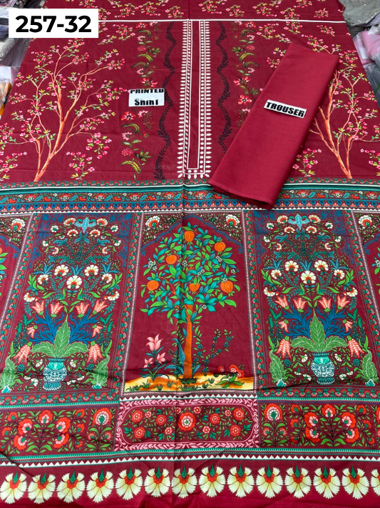 VOL 257 | DS 32 | PRINTED HIT CODES LAWN 2PC | DIGITAL PRINTED LAWN SHIRT, PLAIN COTTON TROUSER