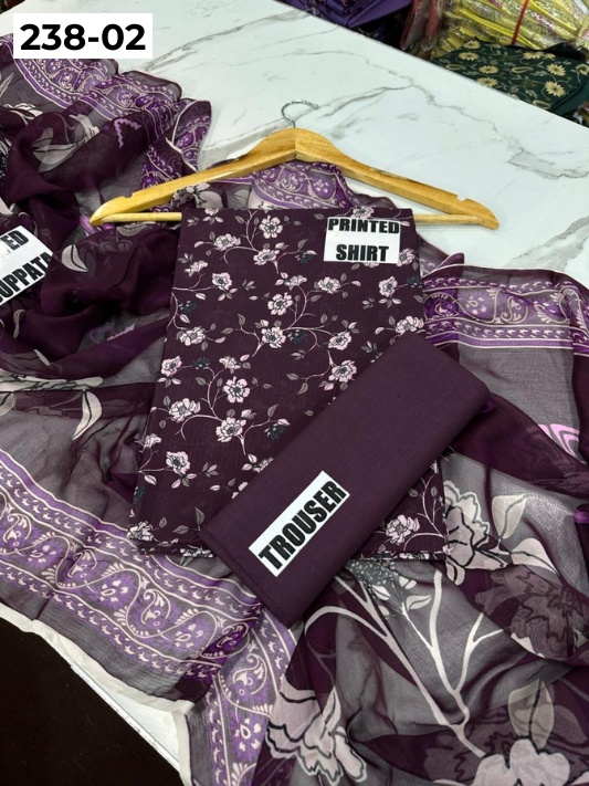 VOL 238  | DS 02 | BEECHTREE LAWN 3PC | DIGITAL PRINTED BANADORA LAWN SHIRT, PLAIN TROUSER, BAMBER CHIFFON DUPATTA