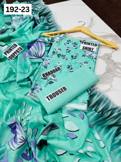 VOL 192 | DS 23 | DIGITAL PRINTED KHADDAR 3PC DYED TROUSER