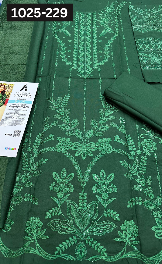VOL 1025 | DS 229 | DHANAK DYED  EMBROIDERED 3PC DHANAK JACQUARD VELVET SHAWL