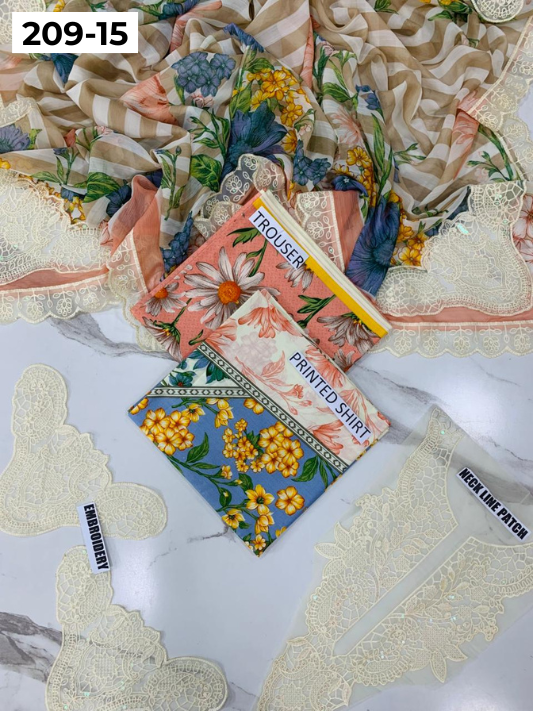 VOL 209 | DS 15 | LAWN 3PC PRINTED LAWN SHIRT ALONG WITH EMBROIDERED PATCHES PRINTED TROUSER EMBROIDERED DUPATTA