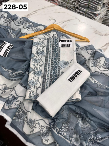 VOL 228 | DS 05 | DIGITAL PRINTED LAWN 3PC PRINTED LAWN SHIRT PLAIN TROUSER PRINTED VOIL DUPATTA