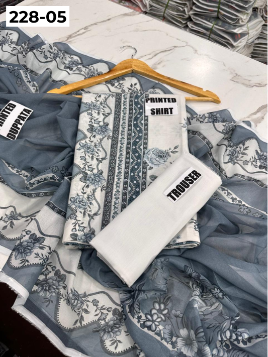 VOL 228 | DS 05 | DIGITAL PRINTED LAWN 3PC PRINTED LAWN SHIRT PLAIN TROUSER PRINTED VOIL DUPATTA