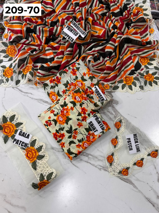 VOL 209 | DS 70 | LAWN 3PC PRINTED LAWN SHIRT ALONG WITH EMBROIDERED PATCHES PRINTED TROUSER EMBROIDERED DUPATTA