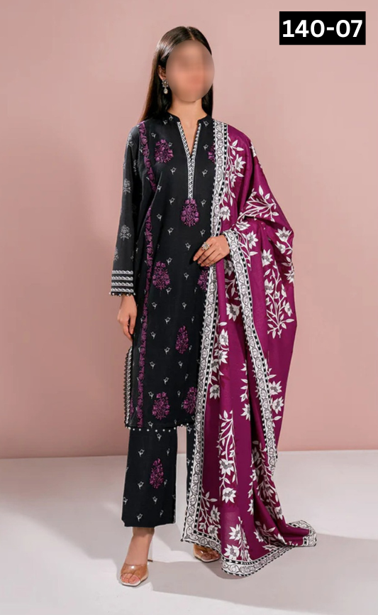 VOL 140 | DS 07 | DIGITAL PRINTED BANADORA LAWN 3PC | VOIL LAWN DUPATTA | EMBROIDERED ORAGANZA PATCHES