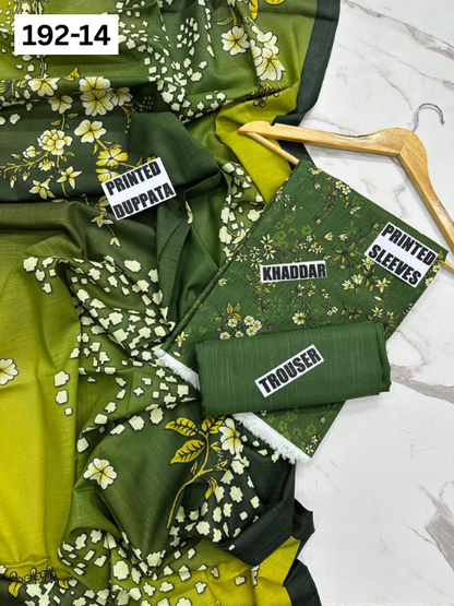 VOL 192 | DS 14 | DIGITAL PRINTED KHADDAR 3PC DYED TROUSER