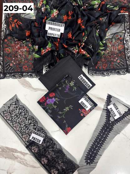 VOL 209 | DS 04 | LAWN 3PC PRINTED LAWN SHIRT ALONG WITH EMBROIDERED PATCHES PRINTED TROUSER EMBROIDERED DUPATTA