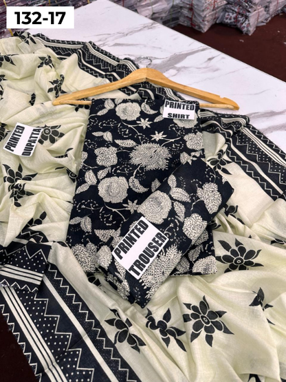 VOL 132 | DS 17 | DIGITAL PRINTED BANADORA LAWN 3PC VOIL LAWN DUPATTA