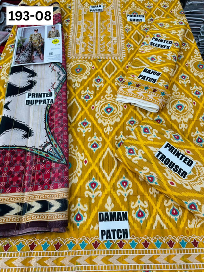 VOL 193 | DS 08 | DIGITAL PRINTED KARANDI 3PC | EMBROIDERED PATCHES | FANCY KARANDI DUPATTA