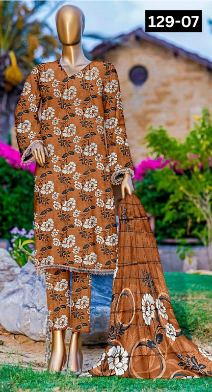 VOL 129 | DS 07 | DIGITAL PRINTED BANADORA LAWN 3PC VOIL LAWN DUPATTA