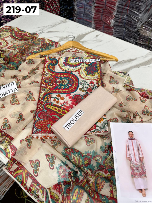 VOL 219 | DS 07 | ETHNC LAWN 3PC | DIGITAL PRINTED BANADORA LAWN SHIRT PLAIN TROUSER BAMBER CHIFFON DUPATTA