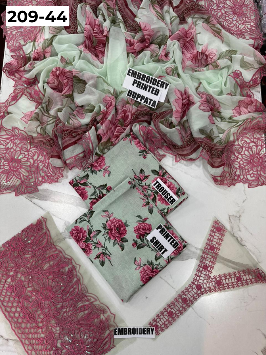 VOL 209 | DS 44 | LAWN 3PC PRINTED LAWN SHIRT ALONG WITH EMBROIDERED PATCHES PRINTED TROUSER EMBROIDERED DUPATTA